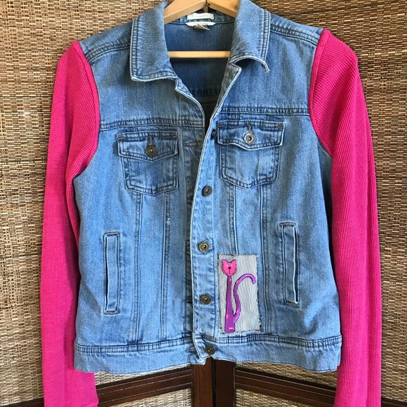Upcycled Jean Jacket, Size Small: Patchwork Cat Graphics, Waffle Knit Sleeves - Picture 9 of 12